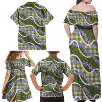 Green Hawaii Palaka Honohono Pikake Family Matching Off Shoulder Maxi Dress and Hawaiian Shirt Hawaiian Orchid Lei Polynesian Pattern - Polynesian Pride