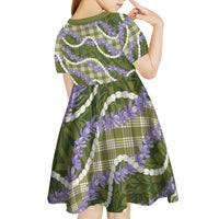 Green Hawaii Palaka Honohono Pikake Kid Short Sleeve Dress Hawaiian Orchid Lei Polynesian Pattern - Polynesian Pride