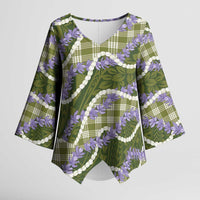 Green Hawaii Palaka Honohono Pikake Kimono Sleeve Blouse Hawaiian Orchid Lei Polynesian Pattern - Polynesian Pride