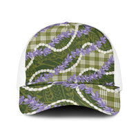 Green Hawaii Palaka Honohono Pikake Mesh Trucker Cap Hawaiian Orchid Lei Polynesian Pattern LT14 One Size White Green - Polynesian Pride