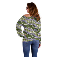Green Hawaii Palaka Honohono Pikake Off Shoulder Sweater Hawaiian Orchid Lei Polynesian Pattern - Polynesian Pride