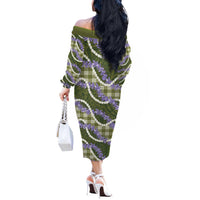 Green Hawaii Palaka Honohono Pikake Off The Shoulder Long Sleeve Dress Hawaiian Orchid Lei Polynesian Pattern - Polynesian Pride