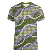 Green Hawaii Palaka Honohono Pikake Women V-Neck T-Shirt Hawaiian Orchid Lei Polynesian Pattern - Polynesian Pride