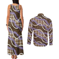 Brown Hawaii Palaka Honohono Pikake Couples Matching Tank Maxi Dress and Long Sleeve Button Shirt Hawaiian Orchid Lei Polynesian Pattern - Polynesian Pride