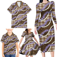 Brown Hawaii Palaka Honohono Pikake Family Matching Long Sleeve Bodycon Dress and Hawaiian Shirt Hawaiian Orchid Lei Polynesian Pattern - Polynesian Pride
