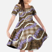 Brown Hawaii Palaka Honohono Pikake Family Matching Off Shoulder Short Dress and Hawaiian Shirt Hawaiian Orchid Lei Polynesian Pattern - Polynesian Pride