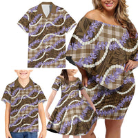 Brown Hawaii Palaka Honohono Pikake Family Matching Off Shoulder Short Dress and Hawaiian Shirt Hawaiian Orchid Lei Polynesian Pattern - Polynesian Pride