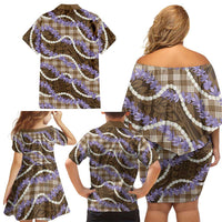 Brown Hawaii Palaka Honohono Pikake Family Matching Off Shoulder Short Dress and Hawaiian Shirt Hawaiian Orchid Lei Polynesian Pattern - Polynesian Pride