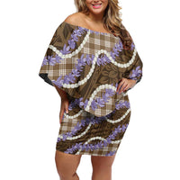 Brown Hawaii Palaka Honohono Pikake Family Matching Off Shoulder Short Dress and Hawaiian Shirt Hawaiian Orchid Lei Polynesian Pattern - Polynesian Pride