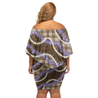 Brown Hawaii Palaka Honohono Pikake Family Matching Off Shoulder Short Dress and Hawaiian Shirt Hawaiian Orchid Lei Polynesian Pattern - Polynesian Pride