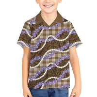 Brown Hawaii Palaka Honohono Pikake Family Matching Off Shoulder Short Dress and Hawaiian Shirt Hawaiian Orchid Lei Polynesian Pattern - Polynesian Pride