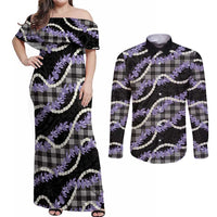 Black Hawaii Palaka Honohono Pikake Couples Matching Off Shoulder Maxi Dress and Long Sleeve Button Shirt Hawaiian Orchid Lei Polynesian Pattern - Polynesian Pride