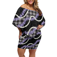 Black Hawaii Palaka Honohono Pikake Off Shoulder Short Dress Hawaiian Orchid Lei Polynesian Pattern - Polynesian Pride