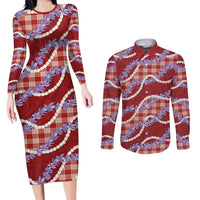 Red Hawaii Palaka Honohono Pikake Couples Matching Long Sleeve Bodycon Dress and Long Sleeve Button Shirt Hawaiian Orchid Lei Polynesian Pattern - Polynesian Pride