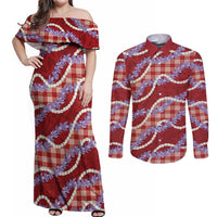 Red Hawaii Palaka Honohono Pikake Couples Matching Off Shoulder Maxi Dress and Long Sleeve Button Shirt Hawaiian Orchid Lei Polynesian Pattern - Polynesian Pride