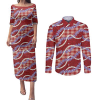 Red Hawaii Palaka Honohono Pikake Couples Matching Puletasi and Long Sleeve Button Shirt Hawaiian Orchid Lei Polynesian Pattern - Polynesian Pride