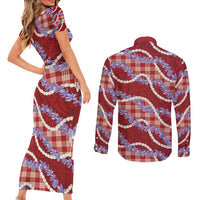Red Hawaii Palaka Honohono Pikake Couples Matching Short Sleeve Bodycon Dress and Long Sleeve Button Shirt Hawaiian Orchid Lei Polynesian Pattern LT14 - Polynesian Pride