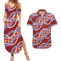 Red Hawaii Palaka Honohono Pikake Couples Matching Summer Maxi Dress and Hawaiian Shirt Hawaiian Orchid Lei Polynesian Pattern - Polynesian Pride