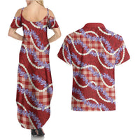 Red Hawaii Palaka Honohono Pikake Couples Matching Summer Maxi Dress and Hawaiian Shirt Hawaiian Orchid Lei Polynesian Pattern - Polynesian Pride