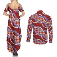 Red Hawaii Palaka Honohono Pikake Couples Matching Summer Maxi Dress and Long Sleeve Button Shirt Hawaiian Orchid Lei Polynesian Pattern LT14 - Polynesian Pride