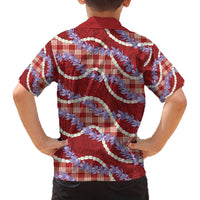 Red Hawaii Palaka Honohono Pikake Family Matching Off The Shoulder Long Sleeve Dress and Hawaiian Shirt Hawaiian Orchid Lei Polynesian Pattern - Polynesian Pride