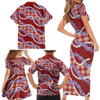 Red Hawaii Palaka Honohono Pikake Family Matching Short Sleeve Bodycon Dress and Hawaiian Shirt Hawaiian Orchid Lei Polynesian Pattern - Polynesian Pride