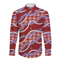 Red Hawaii Palaka Honohono Pikake Long Sleeve Button Shirt Hawaiian Orchid Lei Polynesian Pattern - Polynesian Pride