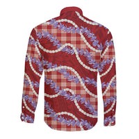 Red Hawaii Palaka Honohono Pikake Long Sleeve Button Shirt Hawaiian Orchid Lei Polynesian Pattern - Polynesian Pride