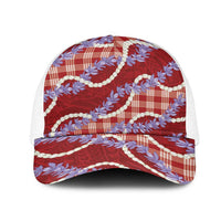 Red Hawaii Palaka Honohono Pikake Mesh Trucker Cap Hawaiian Orchid Lei Polynesian Pattern LT14 One Size White Red - Polynesian Pride