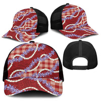Red Hawaii Palaka Honohono Pikake Mesh Trucker Cap Hawaiian Orchid Lei Polynesian Pattern - Polynesian Pride