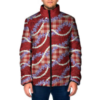 Red Hawaii Palaka Honohono Pikake Padded Jacket Hawaiian Orchid Lei Polynesian Pattern - Polynesian Pride