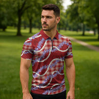 Red Hawaii Palaka Honohono Pikake Zipper Polo Shirt Hawaiian Orchid Lei Polynesian Pattern - Polynesian Pride