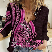 Pink Polynesia Easter Day Women Casual Shirt Eggs With Bunny Polynesian Pattern