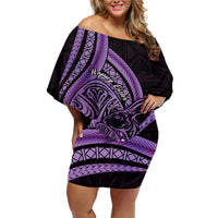 Purple Polynesia Easter Day Off Shoulder Short Dress Eggs With Bunny Polynesian Pattern LT14 Women Purple - Polynesian Pride