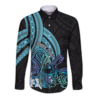 Turquoise Polynesia Easter Day Long Sleeve Button Shirt Eggs With Bunny Polynesian Pattern