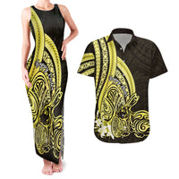 Yellow Polynesia Easter Day Couples Matching Tank Maxi Dress and Hawaiian Shirt Eggs With Bunny Polynesian Pattern