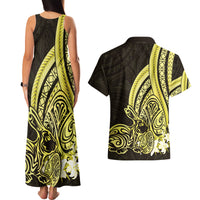 Yellow Polynesia Easter Day Couples Matching Tank Maxi Dress and Hawaiian Shirt Eggs With Bunny Polynesian Pattern