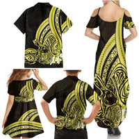 Yellow Polynesia Easter Day Family Matching Summer Maxi Dress and Hawaiian Shirt Eggs With Bunny Polynesian Pattern