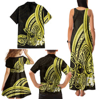 Yellow Polynesia Easter Day Family Matching Tank Maxi Dress and Hawaiian Shirt Eggs With Bunny Polynesian Pattern