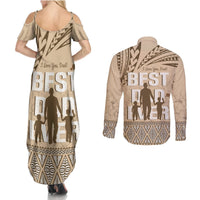 Tonga Father's Day Couples Matching Summer Maxi Dress and Long Sleeve Button Shirt Best Dad Ever Tongan Ngatu Pattern - Beige LT14 - Polynesian Pride