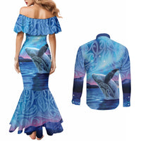 New Zealand Matariki Humpback Whale Couples Matching Mermaid Dress and Long Sleeve Button Shirt Paikea Maori New Year Blue Galaxy