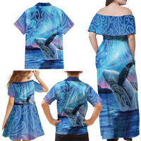 New Zealand Matariki Humpback Whale Family Matching Off Shoulder Maxi Dress and Hawaiian Shirt Paikea Maori New Year Blue Galaxy