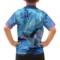 New Zealand Matariki Humpback Whale Family Matching Short Sleeve Bodycon Dress and Hawaiian Shirt Paikea Maori New Year Blue Galaxy