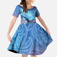 New Zealand Matariki Humpback Whale Family Matching Short Sleeve Bodycon Dress and Hawaiian Shirt Paikea Maori New Year Blue Galaxy
