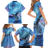 New Zealand Matariki Humpback Whale Family Matching Short Sleeve Bodycon Dress and Hawaiian Shirt Paikea Maori New Year Blue Galaxy