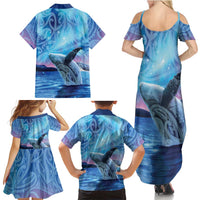 New Zealand Matariki Humpback Whale Family Matching Summer Maxi Dress and Hawaiian Shirt Paikea Maori New Year Blue Galaxy