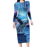 New Zealand Matariki Humpback Whale Long Sleeve Bodycon Dress Paikea Maori New Year Blue Galaxy