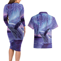 New Zealand Matariki Humpback Whale Couples Matching Long Sleeve Bodycon Dress and Hawaiian Shirt Paikea Maori New Year Purple Galaxy