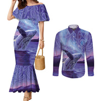 New Zealand Matariki Humpback Whale Couples Matching Mermaid Dress and Long Sleeve Button Shirt Paikea Maori New Year Purple Galaxy