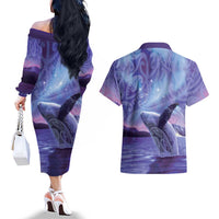 New Zealand Matariki Humpback Whale Couples Matching Off The Shoulder Long Sleeve Dress and Hawaiian Shirt Paikea Maori New Year Purple Galaxy